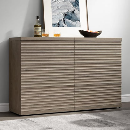 SICOTAS Fluted Sideboard Buffet Cabinet with Storage, Modern Credenza Storage Cabinet with 3 Larger Drawers, Mid Century Coffee Bar Table for Living Room Entryway Kitchen, Grey Alder (2 PCS)