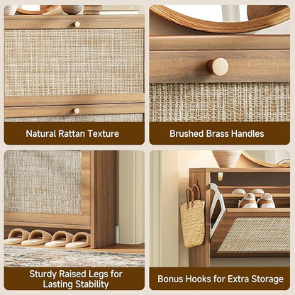 Nicetree Shoe Cabinet Storage for Entryway, 4-Flip Drawer Narrow Shoe Rack, Organic Modern Rattan Shoe Organizer with Gold Legs, Shoe Organizer Fits Men's Size 13.5, Toasted Caramel Walnut