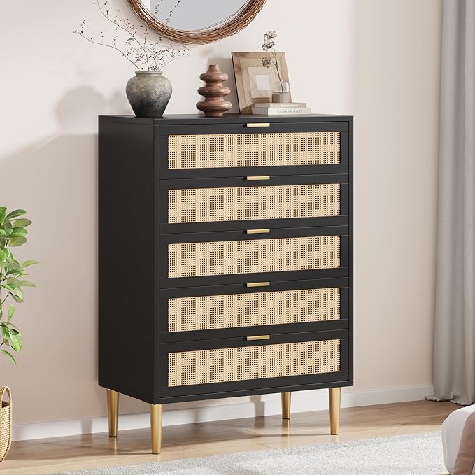 IDEALHOUSE Rattan 5 Drawer Dresser, 44'' Tall Narrow Chest of Drawer, Farmhouse Wooden Vertical Dresser with Metal Legs and Handles, Modern Cabinet for Bedroom, Living Room, Black