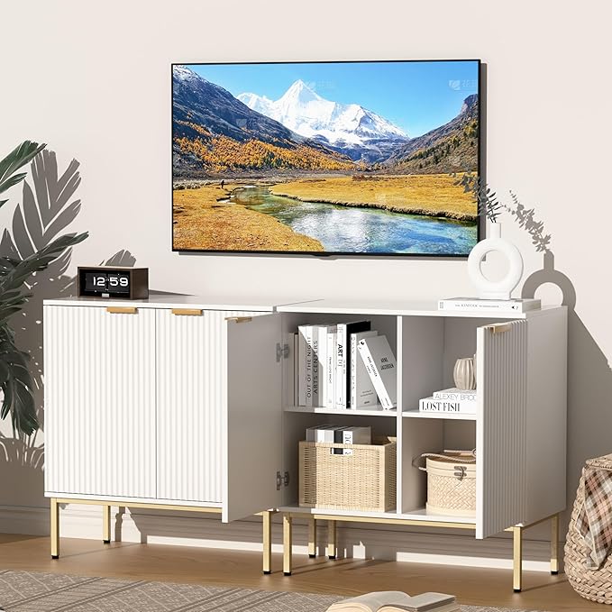 Fluted Sideboard, Buffet Cabinet with Storage, Wooden with Doors and Shelves, Accent Cabinet for Living Dining Room, Entryway