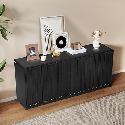 ORRD Sideboard Buffet Cabinet with Storage, Low Storage Cabinet Modern Wooden Accent Credenza Console Table TV Stand with 6 Wave Panel Doors for Kitchen Dining Living Room Entryway, Black