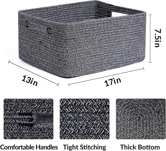 MiniArk Large Storage Baskets for Shelves, Closet Organizers Bins for Clothes Blanket Towels, Baby Nursery, Toy Baskets Box, Woven Rope Baskets, 17 x 13 x 7.5”, 3 Packs Dark Gray