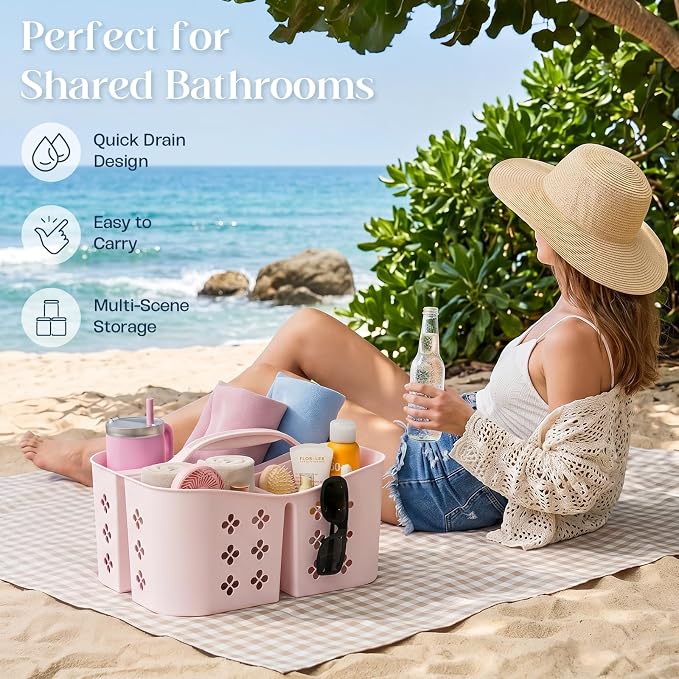 Portable Shower Caddy with Handle, Large Capacity Shower Basket Organizer, Quick-Drain Bathroom Storage Tote, Durable Plastic Shower Organizer for College Dorm, Beach, Gym, Travel Essentials, Pink