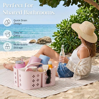 Portable Shower Caddy with Handle, Large Capacity Shower Basket Organizer, Quick-Drain Bathroom Storage Tote, Durable Plastic Shower Organizer for College Dorm, Beach, Gym, Travel Essentials, Pink