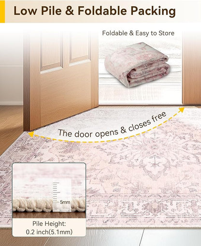 RELEANY Area Rugs Runner 2'x10' Washable Non-Slip, Floral Vintage Distress Medallion Carpet for Kitchen Hallway Bedroom Beside Laundry Room Bathroom, Pink Greypink Cute
