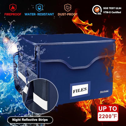 DocSafe Fireproof Document Box with Lock,File Storage Organizer with Pockets,Collapsible Portable File Box Home Office Safe Filing Cabinet with Handle for Hanging Letter/Legal Folders,Blue,2 Pack