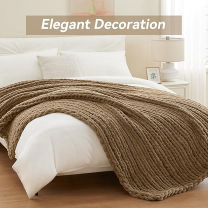 Negwoo Chunky Knit Throw Blanket, 80''*90'' Knitted Throw Chenille Yarn for Bed Couch, Handmade Light Brown Crochet Big Thick Blanket, Machine Washable Cute Comfy Blanket for Home Decor