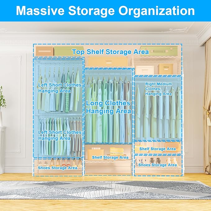 Ulif E13C Heavy Duty Closet Organizer System，Freestanding Clothing Racks for Hanging Clothes，Adjustable Garment Rack 63" W x 16" D x 77" H Hold 960 lbs，White Clothing Rack with Grey Dustproof Cover