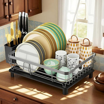 MOUKABAL Dish Drying Rack, Dish Rack, Stainless Steel Dish Racks for Kitchen Counter, Dish Drainer with Removable Utensil Holder, Drainboard (Grey,13''W x 17''L)