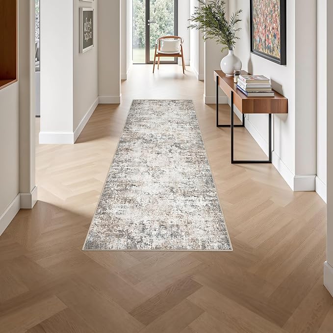2'x6' Runner Rug Washable Rug: Modern Abstract Soft Thin Runner Rug Brown Grey