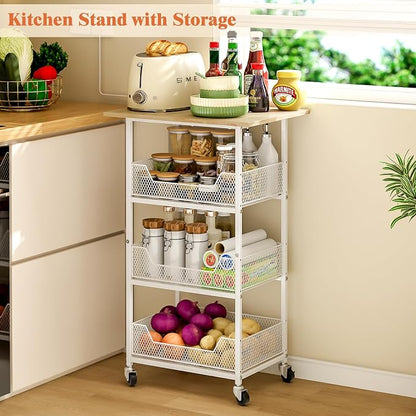 ThreeHio Rolling Kitchen Microwave Cart with Fruit Baskets, 4 Tier Microwave Table Stand with Storage, Kitchen Storge Shelf on Wheels Small Rolling Cart Organizer Rack for Pantry, Living Room