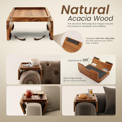 HOLANA Acacia Wood Sofa Armrest Tray - 13.75 x 9.5in Double Hinge Sofa Arm Tray Table Clip - Couch Arm Table - Wooden Side Tables for Eating and Drink (Acacia, 13.75" D x 9.5" W x 2" H)