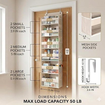 HOMELUX THEORY UPGRADED 6 Tiers Over The Door Organizer Hanging - 100D EXTRA THICK & 50lbs HUGE CAPACITY, 12 Side Mesh Pockets Over The Door Shoe Organizer, Hanging Closet Organizer (Ivory, 2pc)