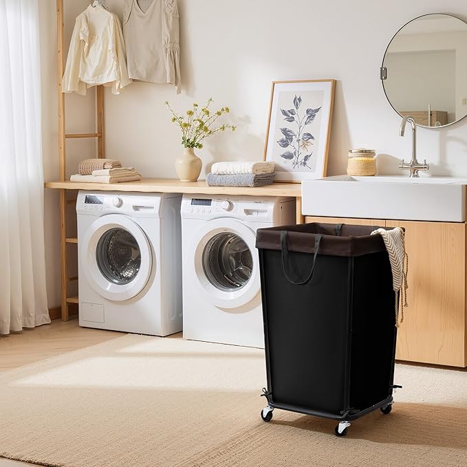 Cupic Cupid Laundry Hamper with Wheels, Rolling Laundry Basket, Dirty Clothes Cart for Laundry Room Organization and Storage, Bathroom, Bedroom, Black