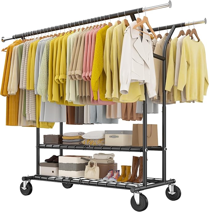 Raybee 74" W Heavy Duty Clothes Rack, Double Rods Clothing Rack Load 630 LBS, Rolling Clothes Racks for Hanging Clothes 400+, Garment Rack with shelves for Bedroom, Laundry Room, Retail Store
