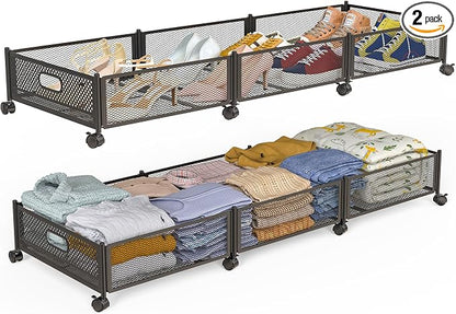 Under Bed Storage With Wheels, 47.2''/90lbs/57.6L, Metal Frame Under Bed Rolling Storage, Tool-Free Assembly Underbed Drawers, Underbed Organizer Containers for Shoes, Clothes and Toys (2 Pack)
