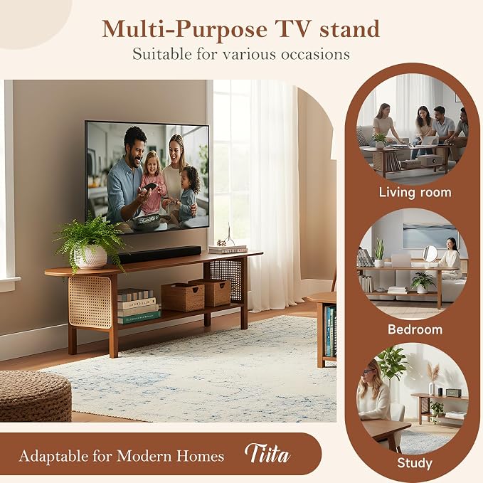 Tiita TV Stand with Storage for TVs up to 65'', Bamboo TV Console Entertainment Center with 2 Open Shelf, Mid Century Modern Media Console for Living Room, Bedroom, Walnut