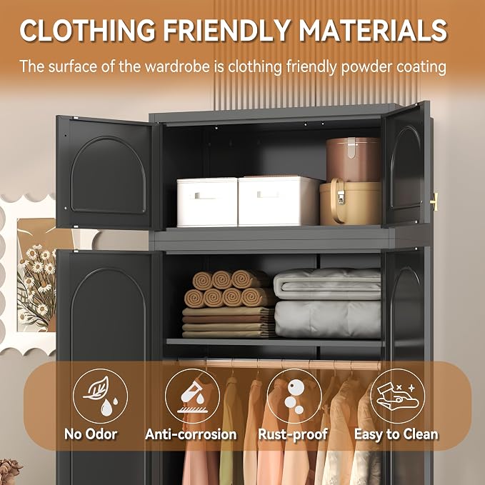 Polup Metal Armoire Wardrobe Closet, 86 Inch Tall Freestanding Wardrobe Cabinet with Hanging Rod, Bedroom Armoires with Doors, 18" D x 32" W x 86" H, Black, Assemble Required, Shipped in Two Packages
