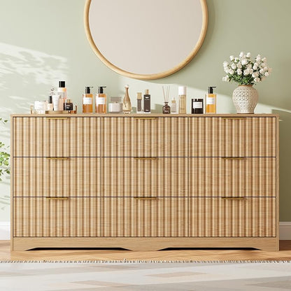 Fluted 9 Drawers Dresser for Bedroom, 63" Wide Wood Dressers Chest of Drawers with Metal Handle, Long Mid Century Modern Dresser TV Stand Storage Organizer for Living Room, Natural Oak