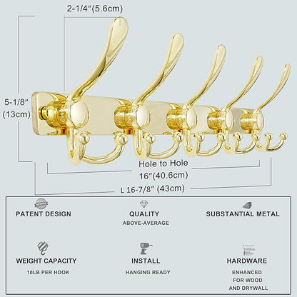 Dseap Coat Rack Wall Mount 2.0 Pro: Heavy Duty 300% Thicker, 16" Stud Mount, Stainless Steel Wall Coat Hooks Hanger for Clothes Jackets Hats Entryway Closet, MaxStrong Series, Gold