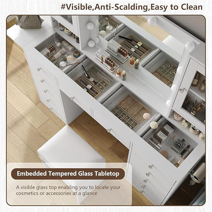 Vanity with Mirror and 10 LED Lights,Vanity Desk with Power Outlet, Makeup Vanity with 12 Drawers and 2 Cabinets, Fold-up Panel, Glass Top Vanity Table with Chair for Bedroom, White