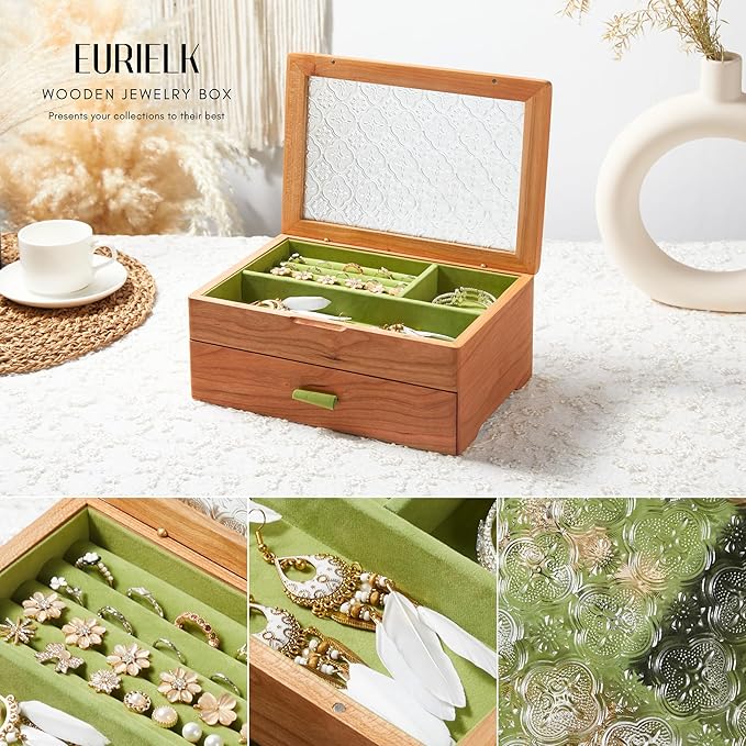 Wooden Jewelry Box, Large Size Case, Natural Solid Cherry Wood Vintage Trinket Organizer with 2-Layer Storage, Drawer, Ring Compartments, Necklace Hooks, Glass Lid, ek06-b-cherry
