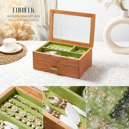 Wooden Jewelry Box, Large Size Case, Natural Solid Cherry Wood Vintage Trinket Organizer with 2-Layer Storage, Drawer, Ring Compartments, Necklace Hooks, Glass Lid, ek06-b-cherry