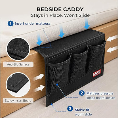 HAKACC Bedside Caddy, Remote Holder for Bed, Storage Organizer with Pockets for Bed, Sofa, Phones, Magazines, Tablets and Accessories, Black