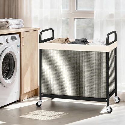 STORAGE MANIAC Rolling Laundry Hamper with Wheels 3-Section Laundry Sorter Rolling Laundrys Basket on Wheels with Removable Bag Clothes Hamper Laundrys Organizer Cart Bathroom Bedroom 120L Beige