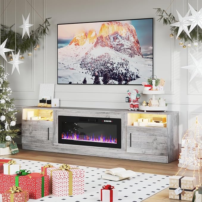 PRETZI Fireplace TV Stand with 36" Fireplace Up to 90" TVs, 80" Entertainment Center with LED Lights, Remote Control, TV Media Console with Storage Cabinets for Living Room, Grey