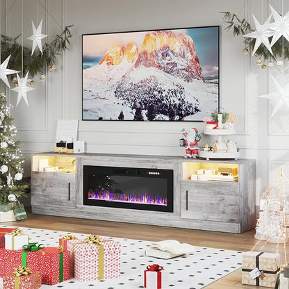 PRETZI Fireplace TV Stand with 36" Fireplace Up to 90" TVs, 80" Entertainment Center with LED Lights, Remote Control, TV Media Console with Storage Cabinets for Living Room, Grey