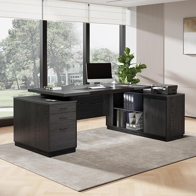 L Shaped Desk with Drawers for Home, 78-Inch Executive Office Desk with Power Outlet, Large Home Office Desks with Open Shelf and Storage Cabinet for Home, Grey Black