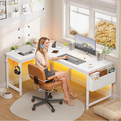 L Shaped Desk with 0.95 Inch Thicker Desktop & Storage Bag, Computer Desk with Power Outlets & Lights, Reversible Gaming Desk for Home Office, Corner Desk, Study Room, Living, Bedroom, White