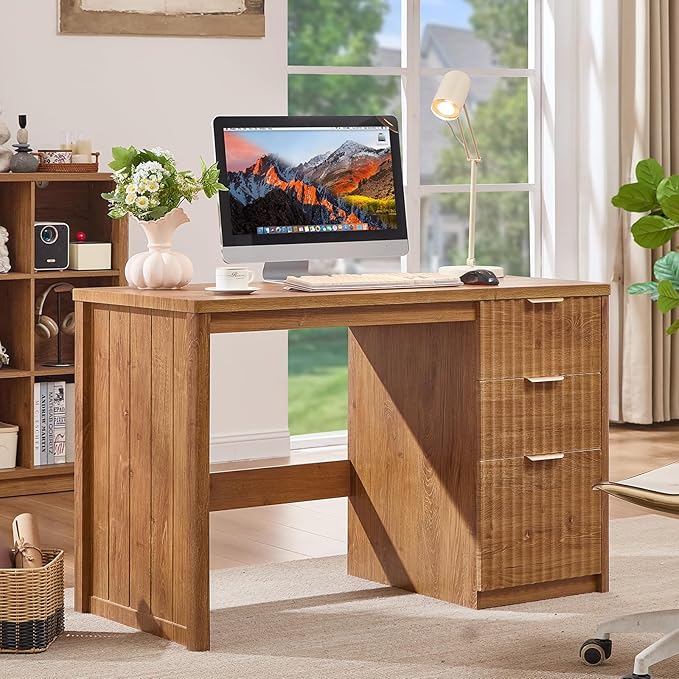 48" Modern Fluted Home Office Desk with Storage Cabinet, Brown Wood Executive Desk with File Drawer & Golden Handles, Large Computer Writing Table for Office,Study, Living Room, Bedroom
