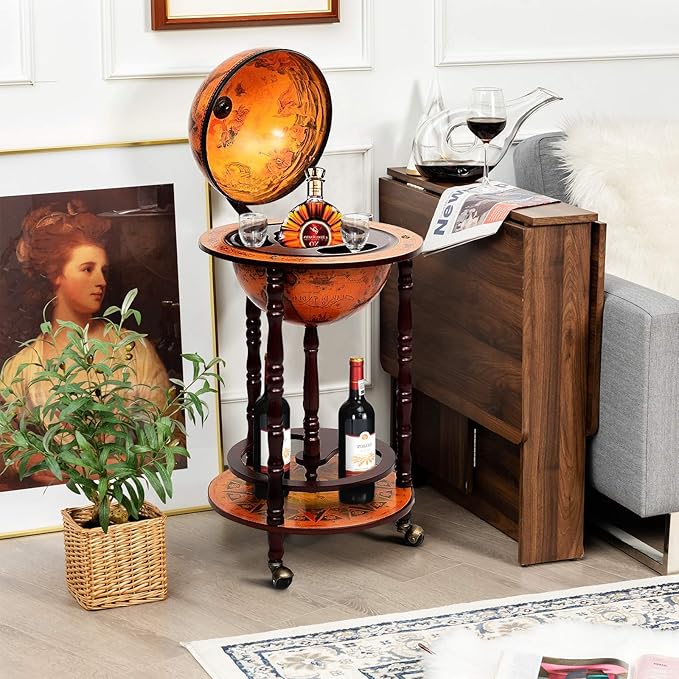 LDAILY 17.5’’ Wood Globe Bar, 16th Century Italian Replica Vintage Bar Cart with Wheels, Wine Cabinet with Liquor Storage, Bottom Shelf & Old World Map, Round Bar Cart for Home (Retro Brown)