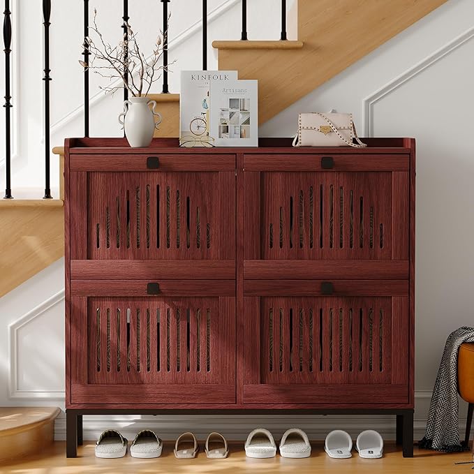 Garvee 4 Flip Drawer Shoe Cabinet with Adjustable Shelves, Hidden Shoe Organizer with Large Capacity, Freestanding Wooden Shoe Rack for Entryway, Hallway, Living Room, Walnut