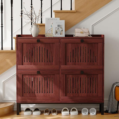 Garvee 4 Flip Drawer Shoe Cabinet with Adjustable Shelves, Hidden Shoe Organizer with Large Capacity, Freestanding Wooden Shoe Rack for Entryway, Hallway, Living Room, Walnut