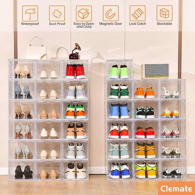 Clemate Upgraded X-Large Shoe Storage Box,8 Pack,Shoe Box Clear Plastic Stackable,Drop Front Shoe Box with Clear Door,Shoe Organizer and Shoe Containers For Sneaker Display,Fit up to US Size12