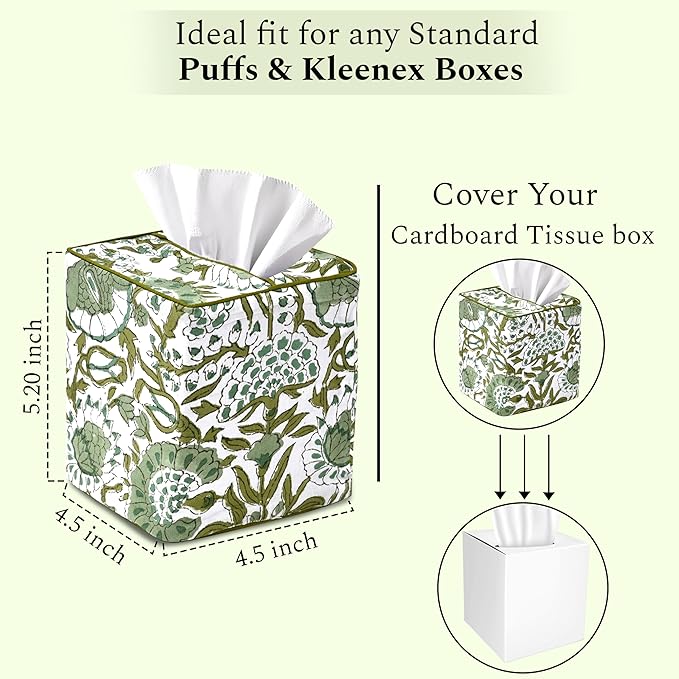 CPC Agate Green Hand Block Printed Cotton Tissue Box Cover 5" x 5" x 5.5" Square Soft Reusable Boho Napkin Holder for Home Kitchen Dining Bathroom Office Cafe Spa Summer Thanksgiving