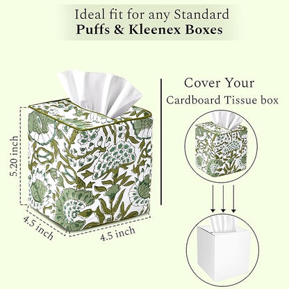 CPC Agate Green Hand Block Printed Cotton Tissue Box Cover 5" x 5" x 5.5" Square Soft Reusable Boho Napkin Holder for Home Kitchen Dining Bathroom Office Cafe Spa Summer Thanksgiving