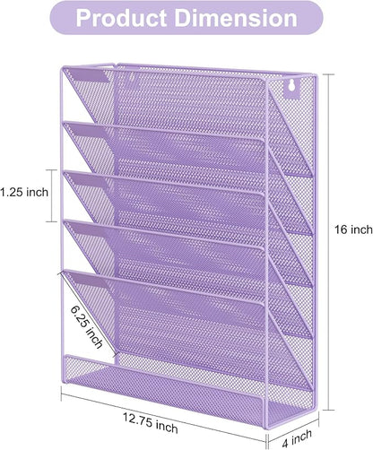 EasyPAG 5 Tier Wall File Holder, Mesh Hanging Folder Organizer with Classify Label, Versatile Desk File Holder, Vertical Wall Mounted Mail Organizer for Office Home Cubicle, Purple