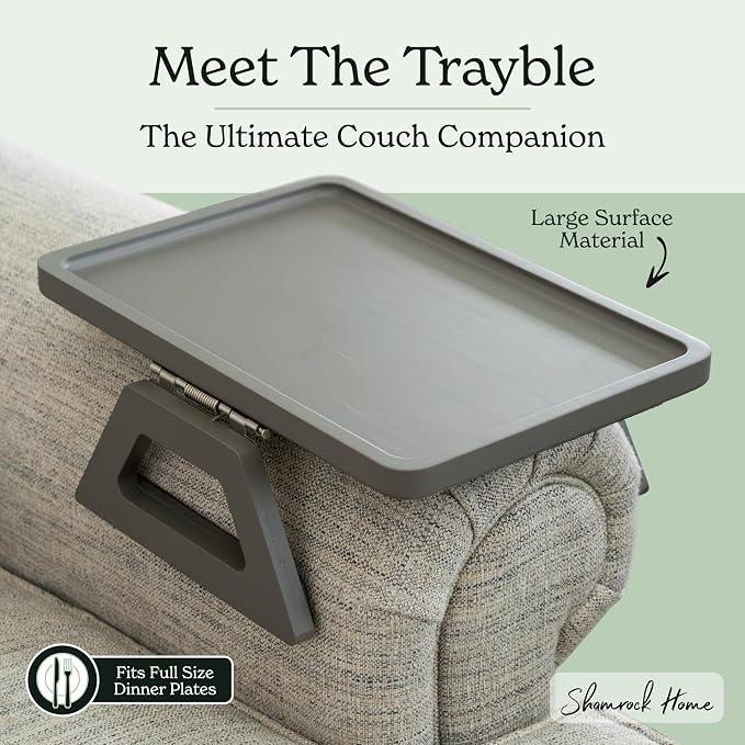 Shamrock Home Bamboo Trayble Couch Arm Table, Clip On Tray Sofa Table for Couches. Sofa Arm Tray, Armchair Table for TV Dinners, Remotes, Drinks and Snacks - 13.75 x 9.5inch, Grey