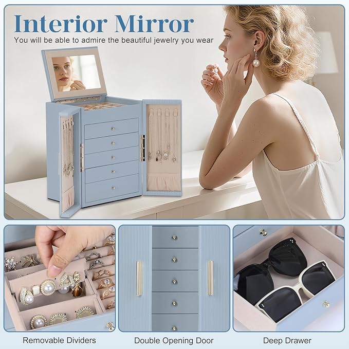 Dajasan Large Jewelry Organizer Box with Mirror, Jewelry Storage Organizer with 5 Drawers, 6-Tier Jewelry Gift Box for Women, Girls, Friends, Wife or Mother, Gift Idea (Smoky Blue)