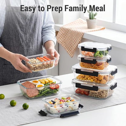 Dealusy 10 Sets (20-Piece) 4.5 Cup & 1.5 Cup Glass Food Storage Containers with lids, Airtight Leak-proof Glass Meal Prep Containers with Lids, Microwave Oven Freezer Dishwasher Safe, Black