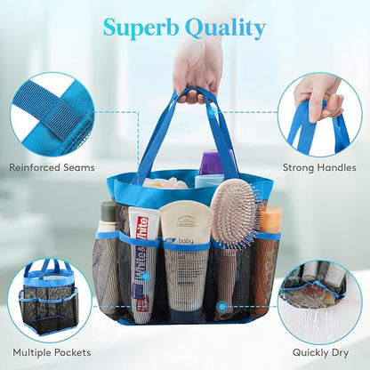 Lifewit Mesh Shower Caddy Portable for College Dorm Room Essentials with 7 Pockets, Freestanding Hanging Organizer Basket, Quick Dry Tote Bag for Camping, Bathroom, Beach, Travel, 1 Pack, Blue