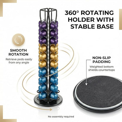 Coffee Pod Holder for Nespresso OriginalLine Capsules, 40 Capacity Rotating Carousel Coffee Pods Organizer, 360 Spinning Coffee Station Storage Rack, Metal Coffee Pod Stand for Kitchen (Black)
