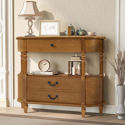 HMFULE Retro Curved Console Table, 43" Solid Wood Half Moon Console Table Entryway Table Sofa Table with Open Shelf Curved Corners 3 Drawers Pine Roman Legs for Living Room,Hallway,Entryway,Brown
