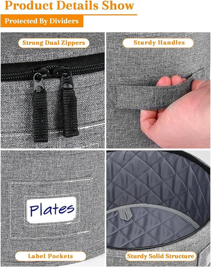 punemi China Storage Containers, Dish Storage w/Hard Shell Top Side Bottom Support & Felt Dividers for Charger Plates Dinnerware, Perfect for Moving Supplies, 4 set Stackable Fine China Storage, Gray