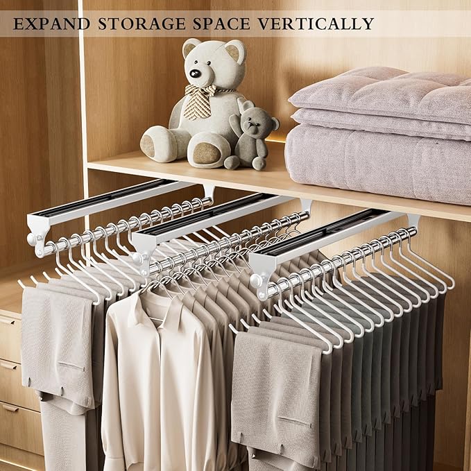 Pull Out Closet Valet Rod, Heavy Duty Adjustable Closet Rod, 13.7inch Telescopic Pant Rack, Space Aluminum Clothes Hanger Rail, Closet Storage Organizer for Trousers Clothes White