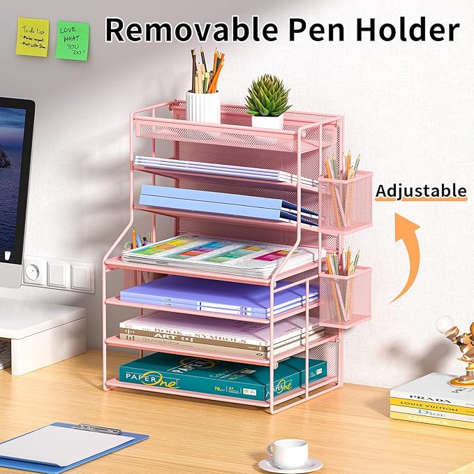 7 Tier Desk File Organizer,Metal Document Holder with Adjustable Shelves, Pull-Out Drawer & Removable Pen Holder for Office Organization,Pink